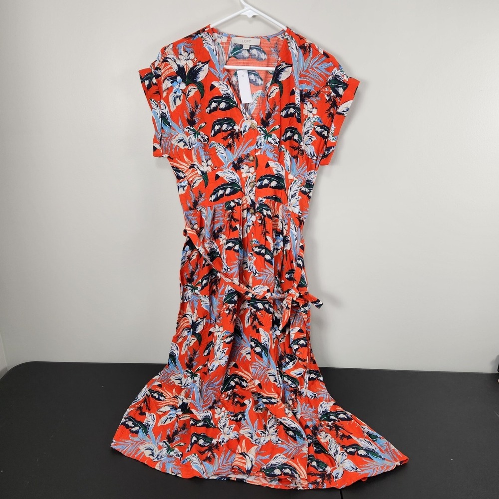 NWT LOFT Midi Dress Red Floral Tropical Fit Flare sz 4 Womens Cruise Beach - Picture 3 of 11